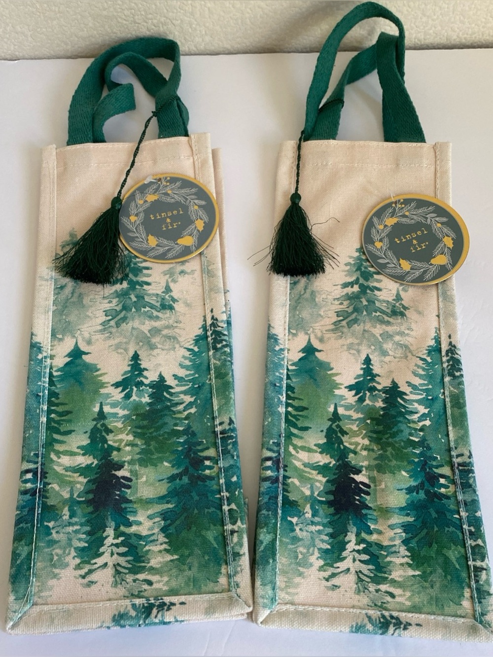 Cotton Canvas Wine Bottle Gift Bag Pine Tree Reusable Tote Handles -2 pcs